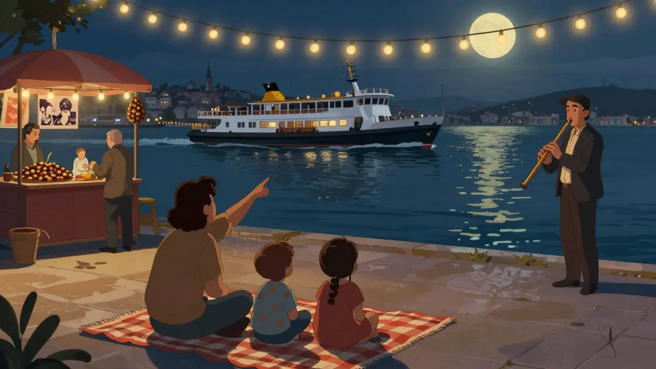A family relaxes on a seaside promenade in Kadıköy, watching a film under the stars with a ney player nearby.