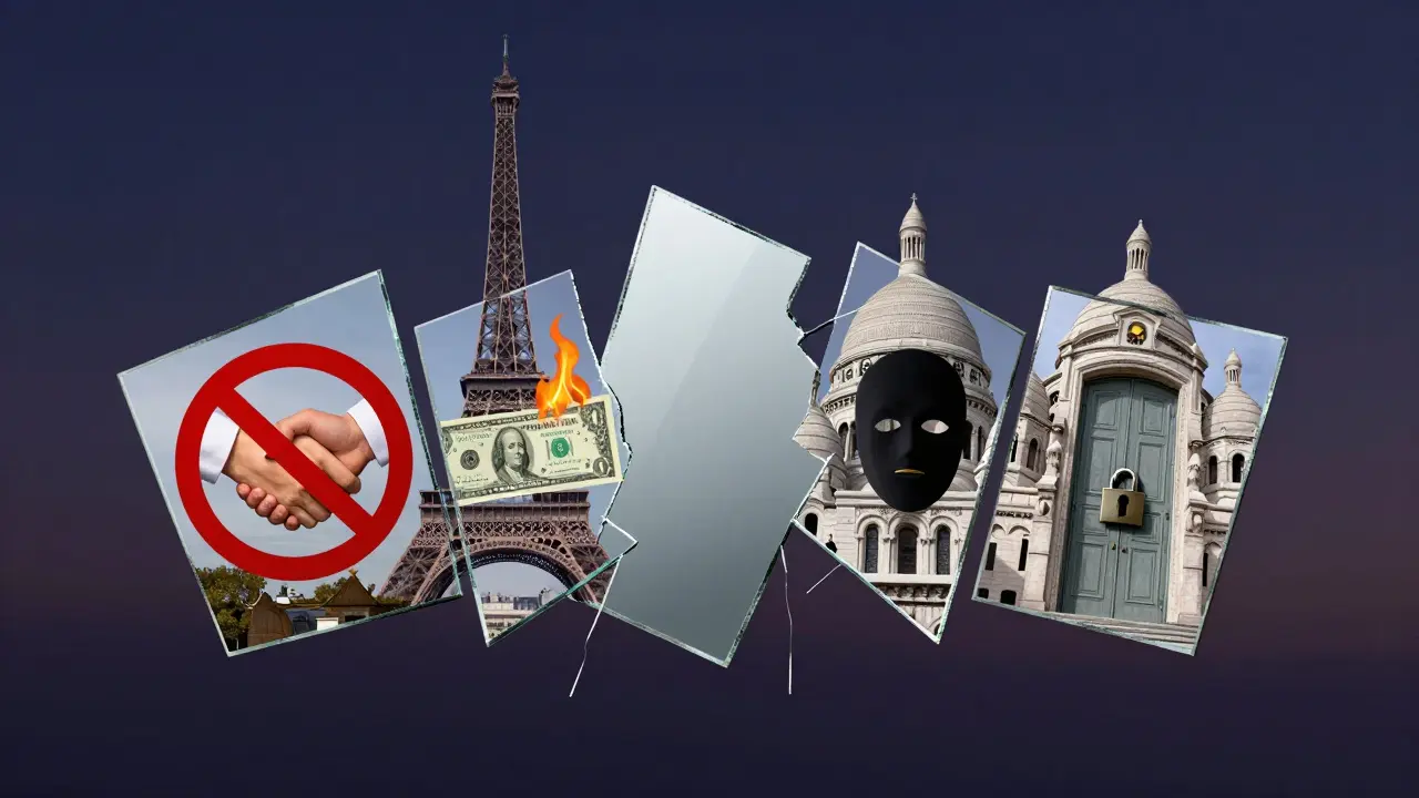 A fractured mirror reflects Paris landmarks with warning symbols, symbolizing the dangers of seeking escort services.