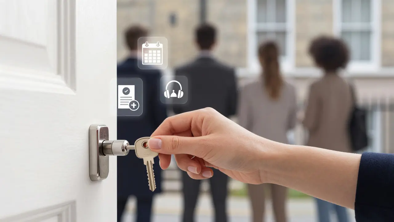 A hand inserts a key into a door, with floating icons representing financial control, health, and privacy.