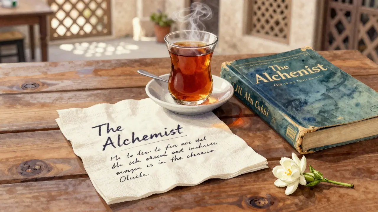 A handwritten note and tea beside a book in a hidden courtyard café in Abu Dhabi.