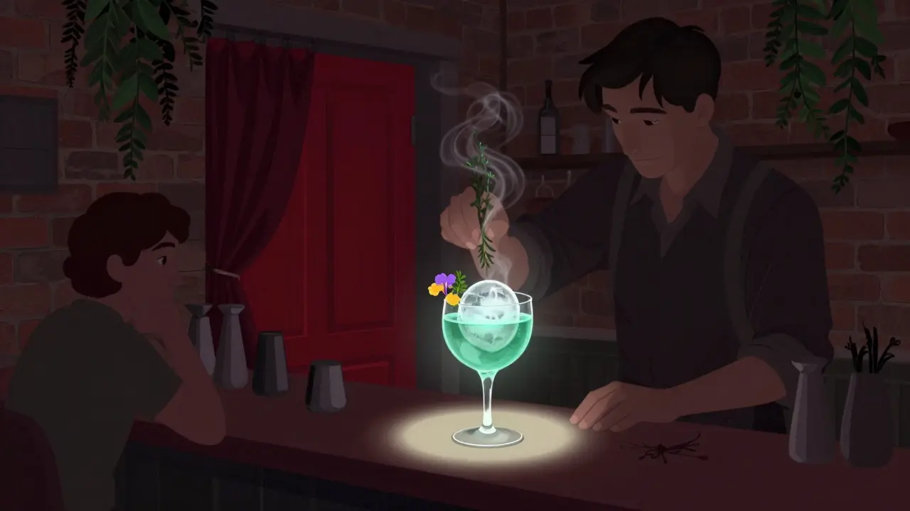 A hidden bar where a bartender prepares an intricate cocktail with smoked herbs and floating ice.