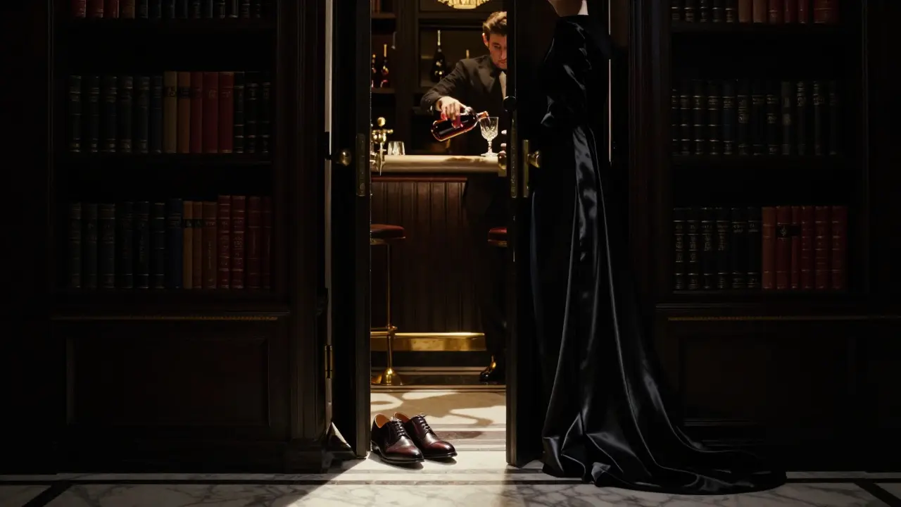 A hidden club entrance behind a bookshelf, with elegant shoes and a sliver of golden light revealing secrecy.