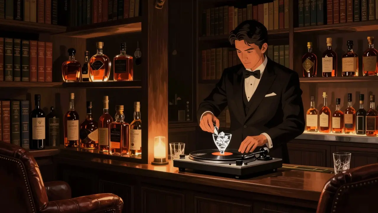 A hidden private club with vintage whiskey bottles and firelight in a book-lined room.