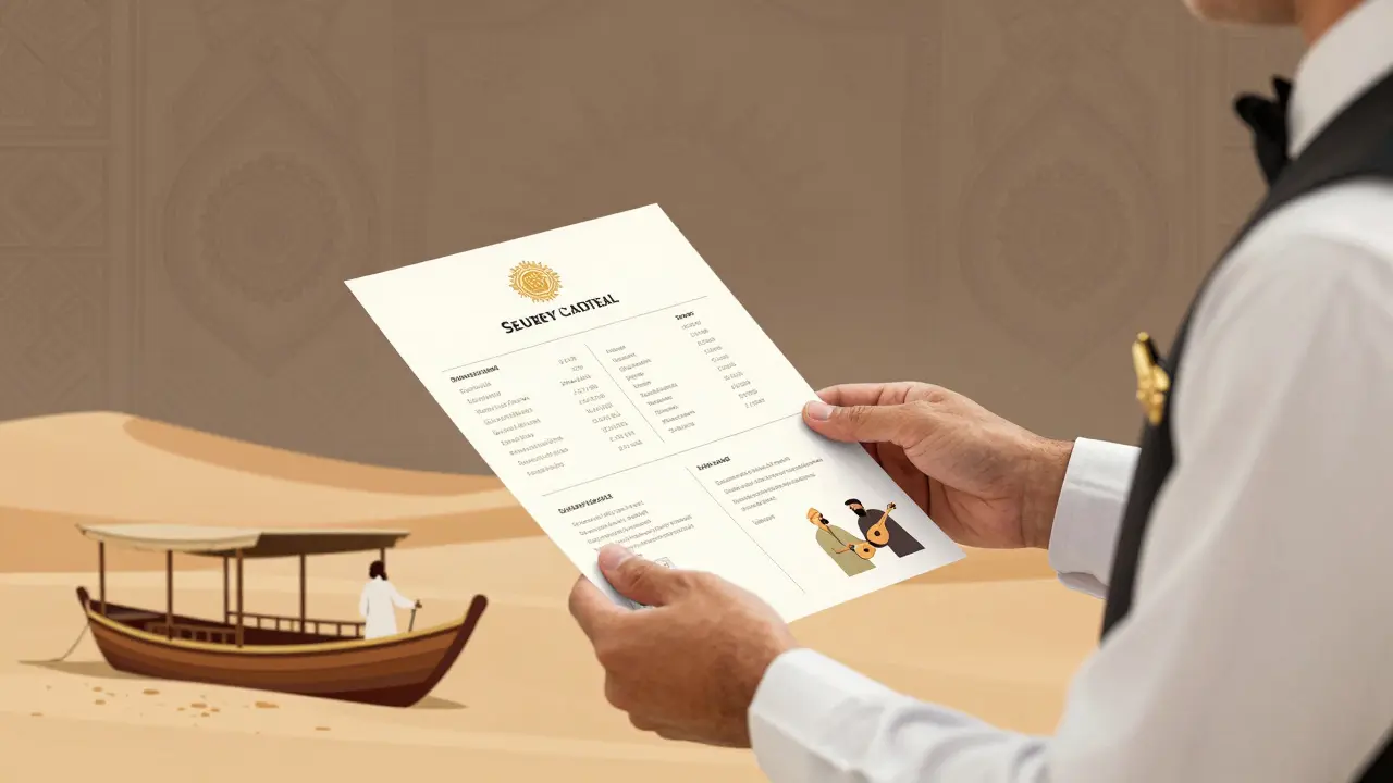 A hotel concierge presenting a cultural tour itinerary in elegant Dubai setting.