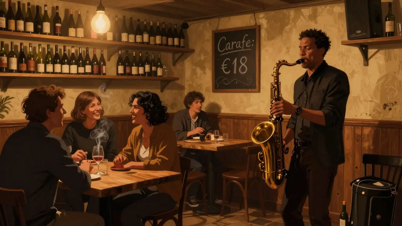 A jazz saxophonist plays in a cozy basement bar with wine bottles and wooden tables.