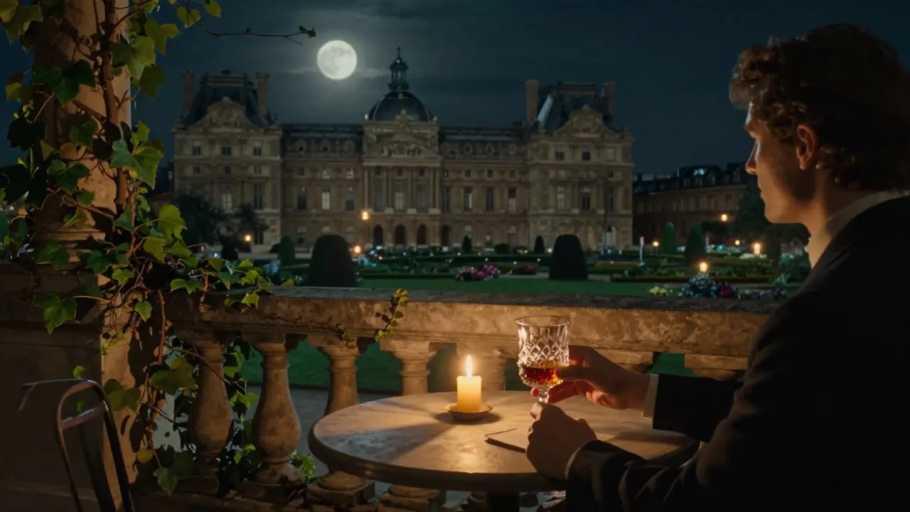 A lone figure beside a candlelit terrace overlooking Parisian gardens under moonlight.