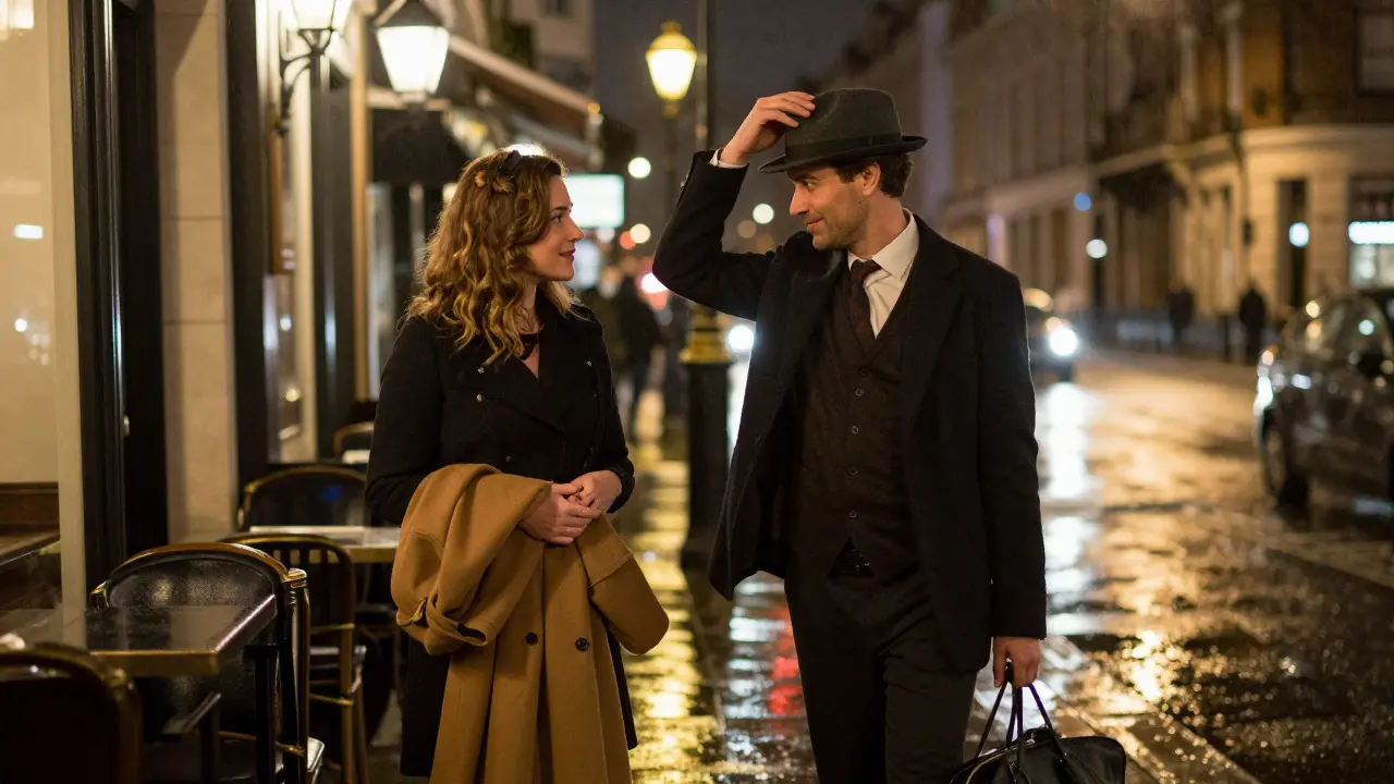 A man and escort part ways with quiet dignity outside a refined London restaurant.