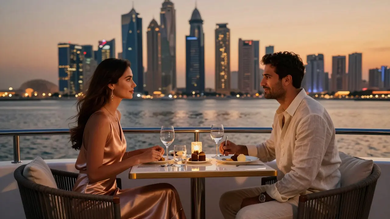 A man and woman enjoying a sunset dinner on a private yacht off Dubai’s coast.