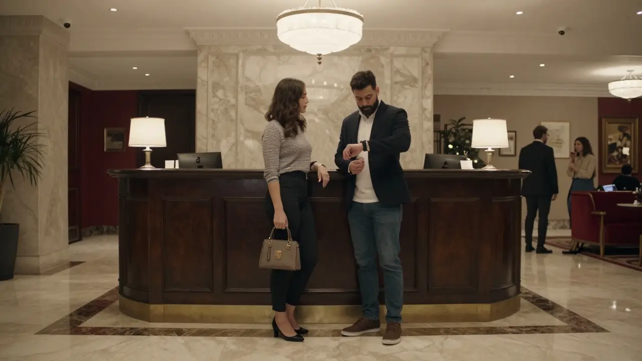 A man and woman meeting cautiously in a hotel lobby, security cameras visible, no physical contact, neutral lighting, professional atmosphere.