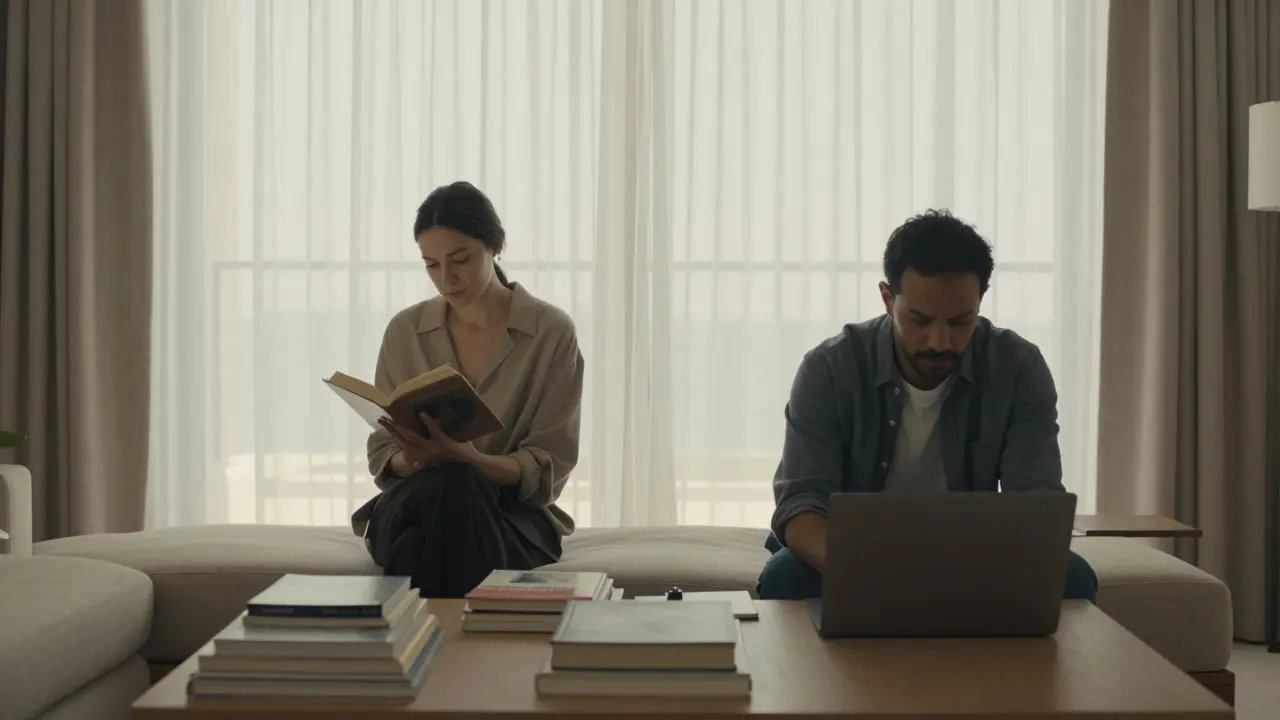 A man and woman sitting peacefully together in a sunlit villa, one reading, one working.