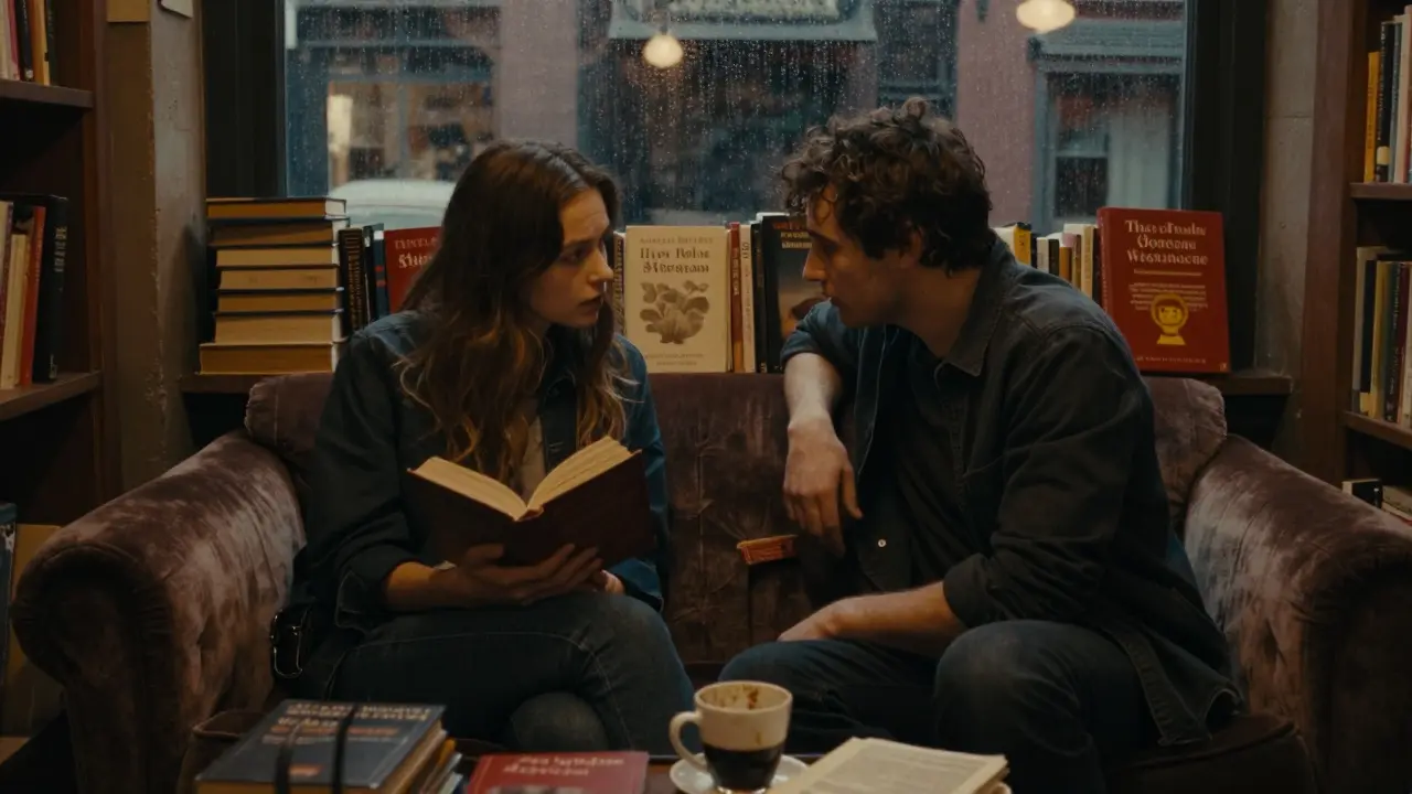 A man and woman sitting together in a Soho bookstore lounge, reading and talking amid shelves of books.