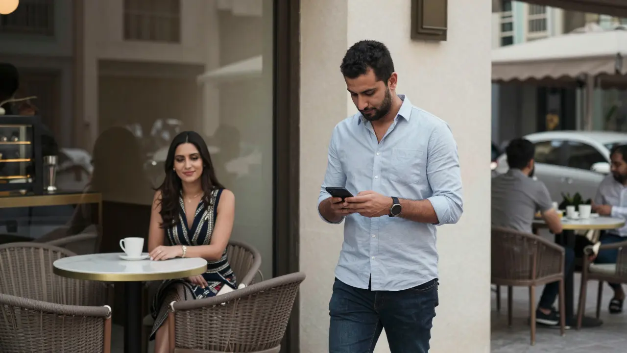 A man in a Dubai café checking his location share while waiting for a companion.