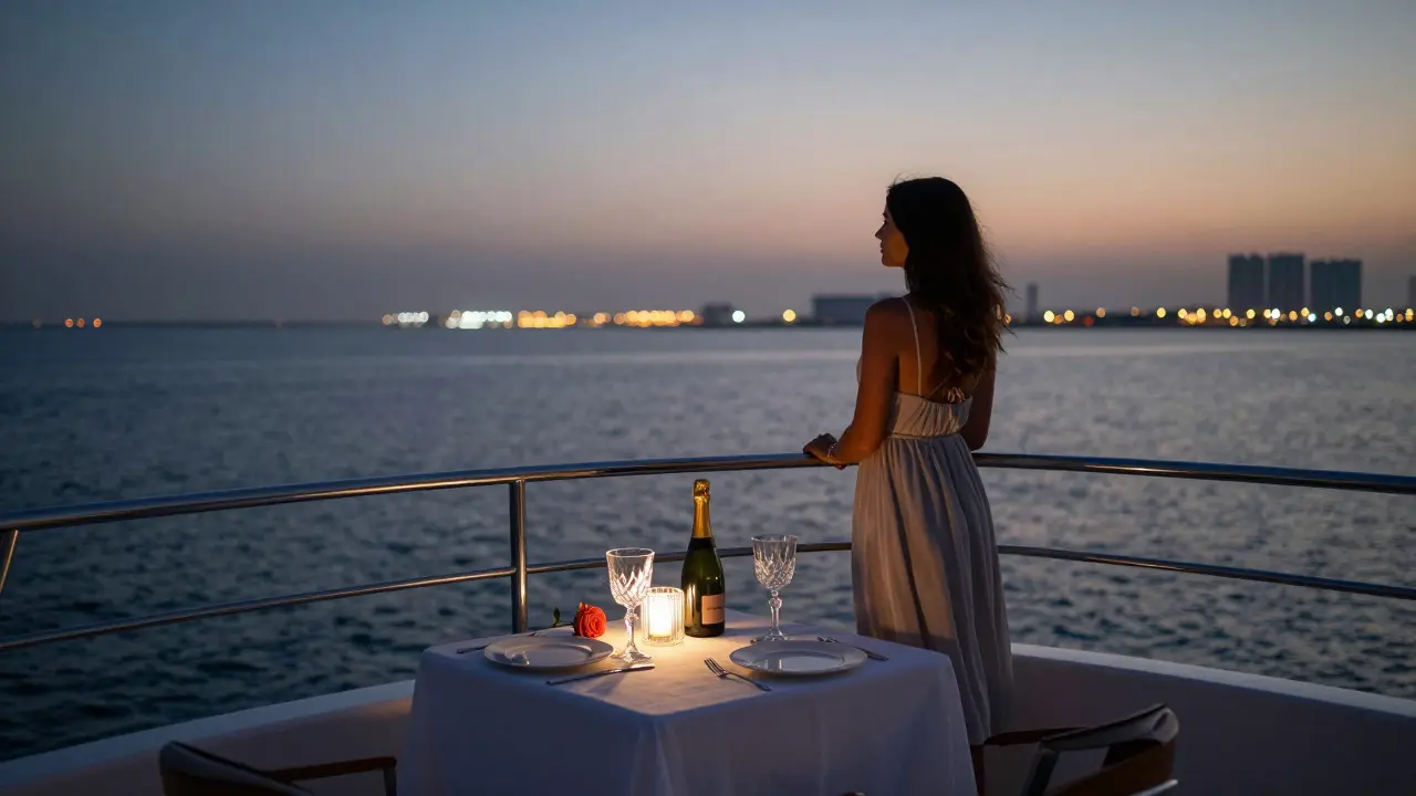 A private yacht at dusk with a table set for two against the glowing city skyline.