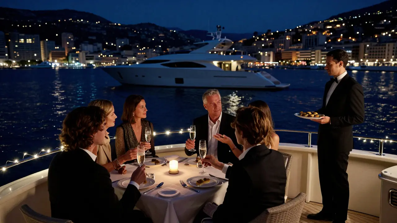 A private yacht at night off Port Hercules, with guests sipping champagne under stars and soft lights.