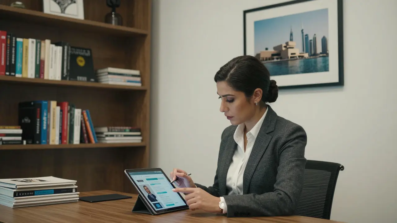 A professional agency representative reviewing client profiles in a quiet, book-lined office in Dubai.