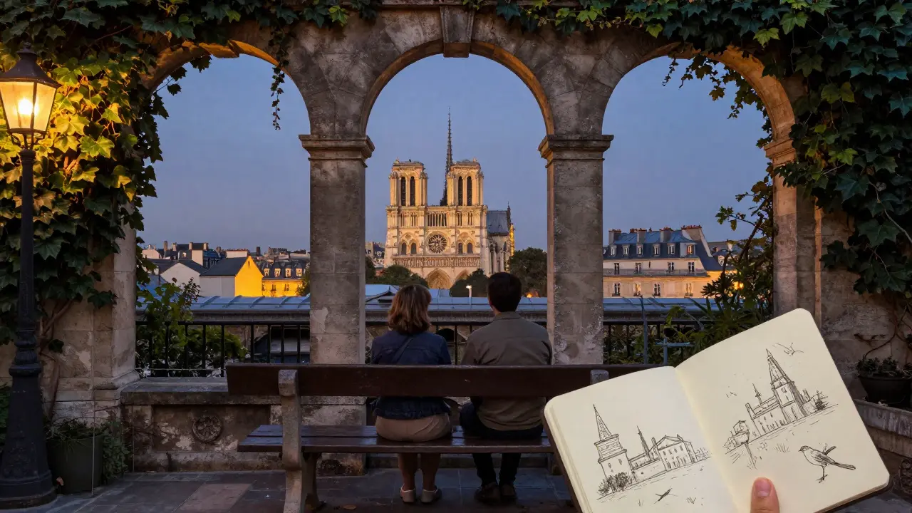 A quiet rooftop garden in Palais-Royal at dusk, two figures sit in silence as Paris glows behind them, lanterns just lit.