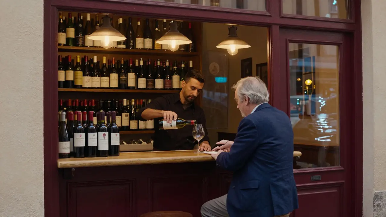 A quiet wine bar with wooden shelves of rare bottles and a bartender pouring vintage wine for a well-dressed patron.