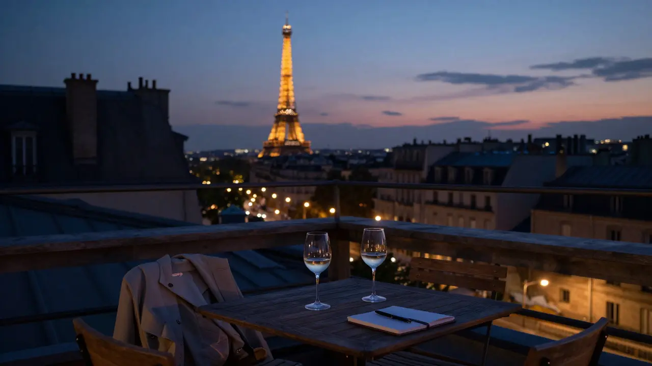A rooftop terrace in Paris at dusk with a view of the Eiffel Tower, two wine glasses and a notebook on the table.