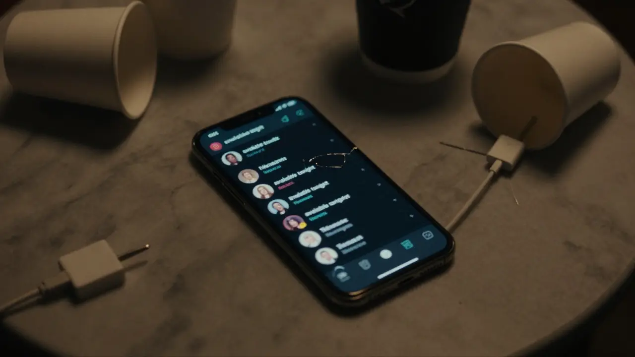 A smartphone showing vague escort ads on a marble table, surrounded by coffee cups.