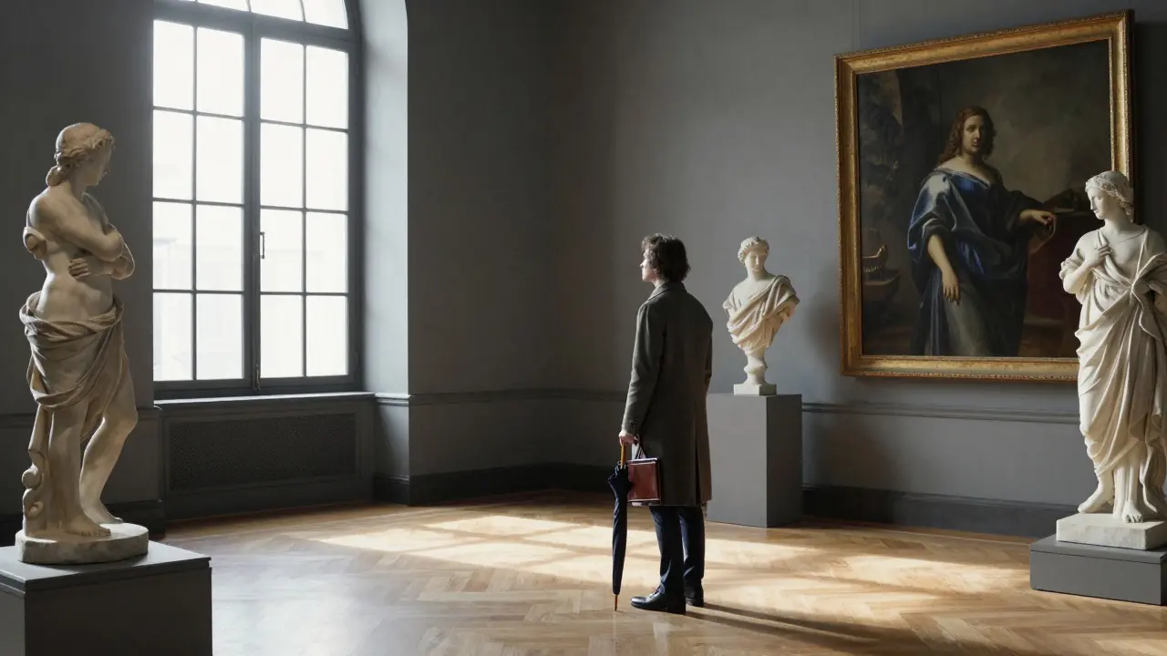 A solitary figure stands in quiet awe before classical art in a private gallery, morning light casting soft shadows across the room.
