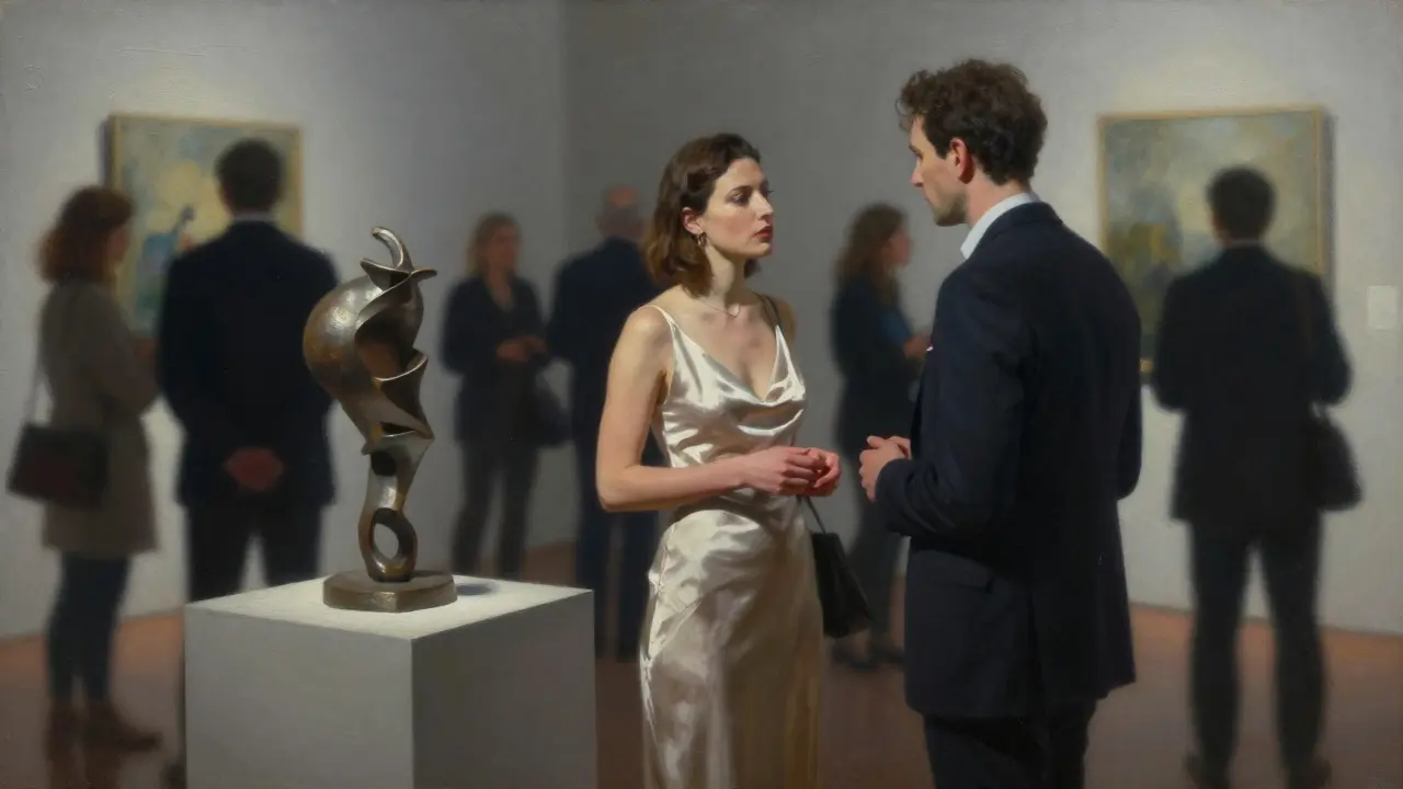 A sophisticated woman converses with a man at a private art gallery opening, surrounded by blurred patrons and modern sculpture.