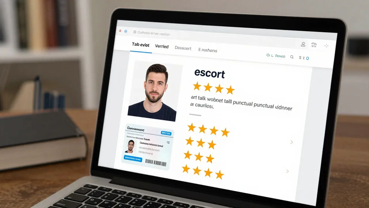 A verified escort profile on a laptop with ID verification badge and positive reviews.