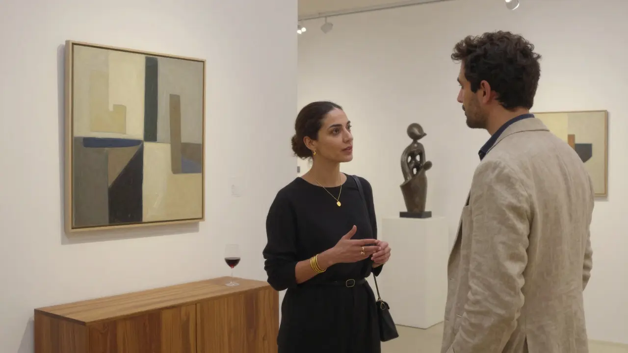 A woman in elegant attire discussing art with a man in a linen blazer at a private Dubai gallery.