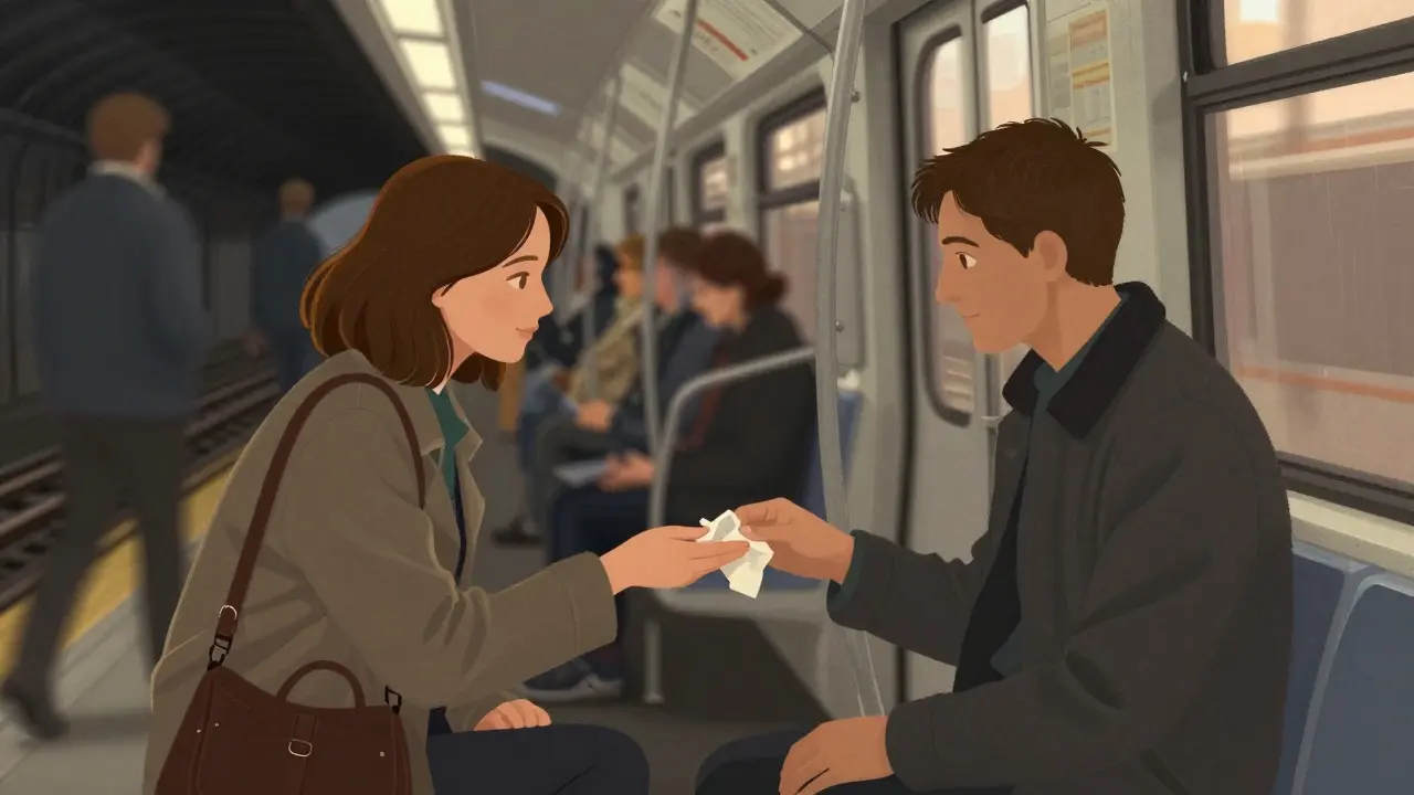 A woman passing a napkin to a stranger on a Berlin train, their fingers nearly touching in a quiet, unspoken connection.