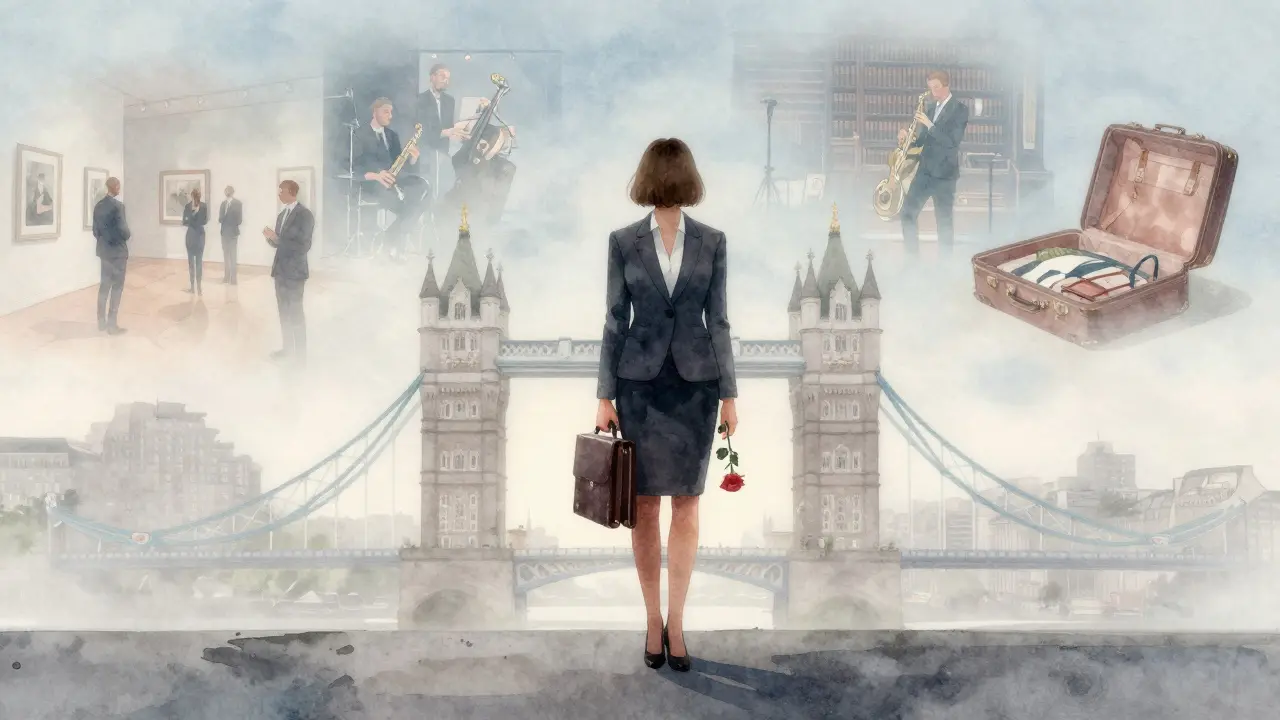 A woman standing on a foggy London bridge at dawn, holding a rose and briefcase, surrounded by faint scenes of her varied life.