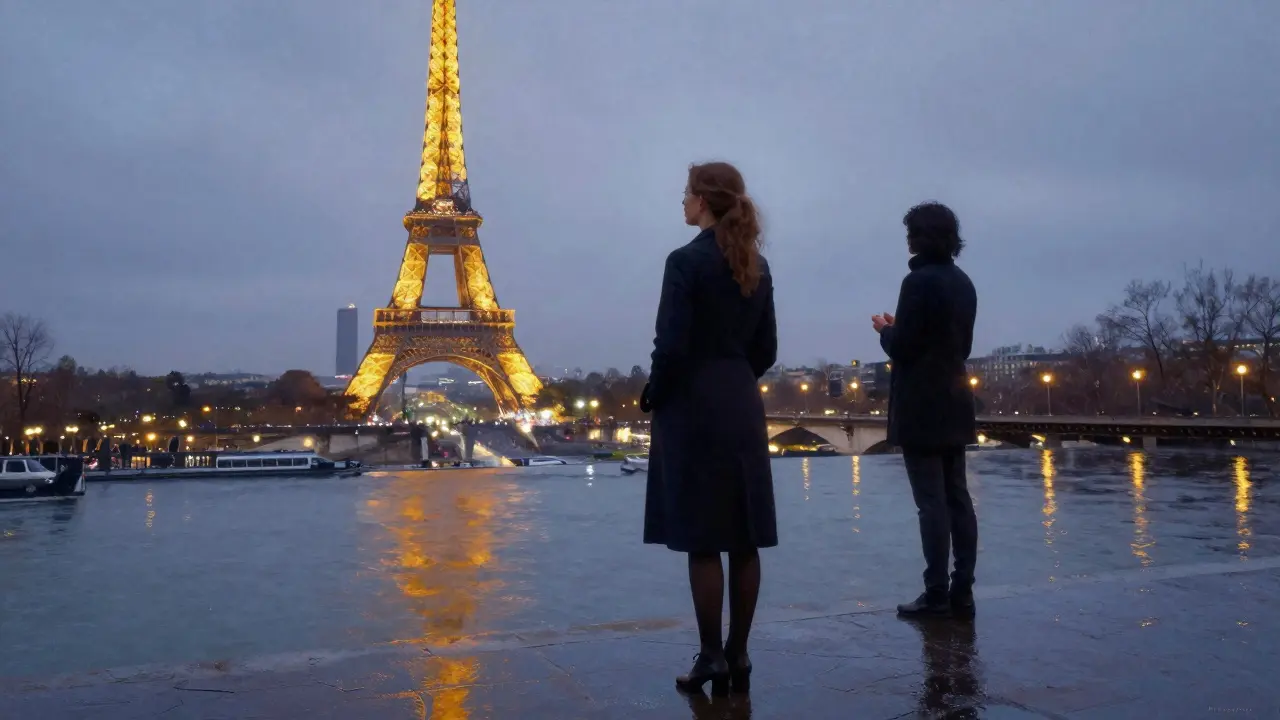 A woman stands alone by the Seine at dusk, the Eiffel Tower glowing behind her, companion softly present.