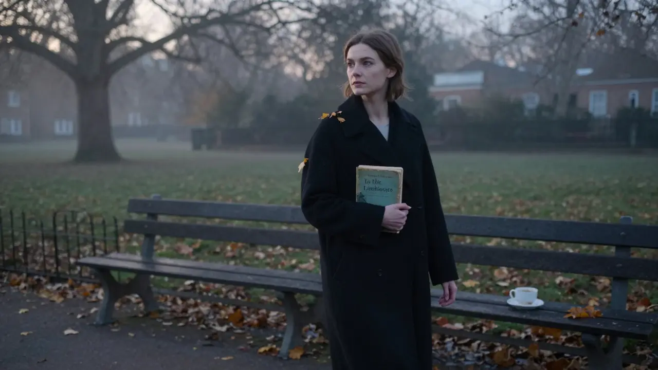 A woman walking alone through a misty London park at dawn, holding a book.