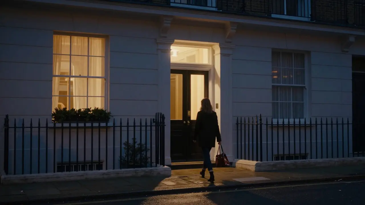 A woman walks away from a softly lit townhouse at night in East London, the street quiet and safe under streetlamps.