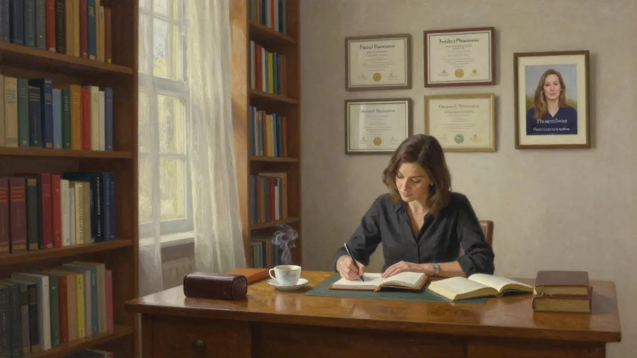 A woman writing in a journal in a book-filled study, sunlight streaming through curtains.