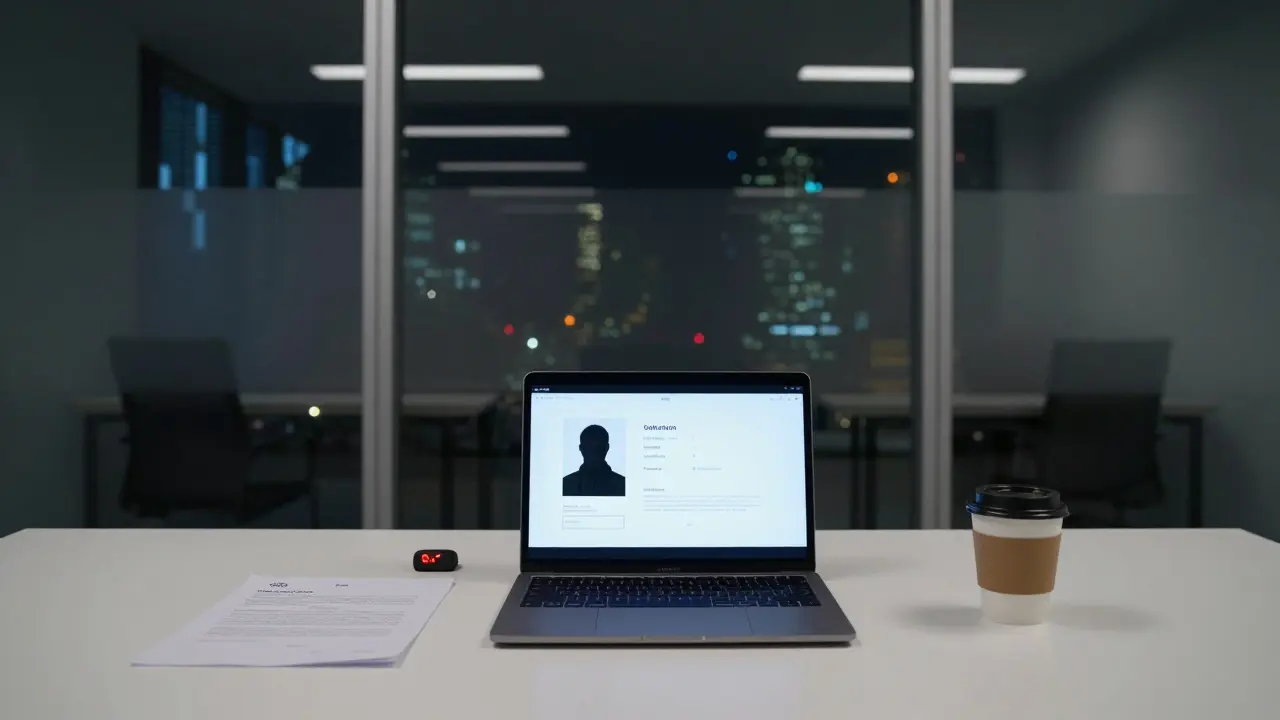 An anonymous luxury escort agency office at night, showing a masked profile on a laptop and a signed contract.