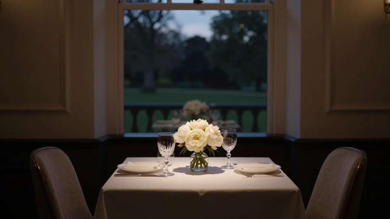 An elegant candlelit dinner setting with fine tableware and peonies, hinting at quiet companionship in a hidden London restaurant.