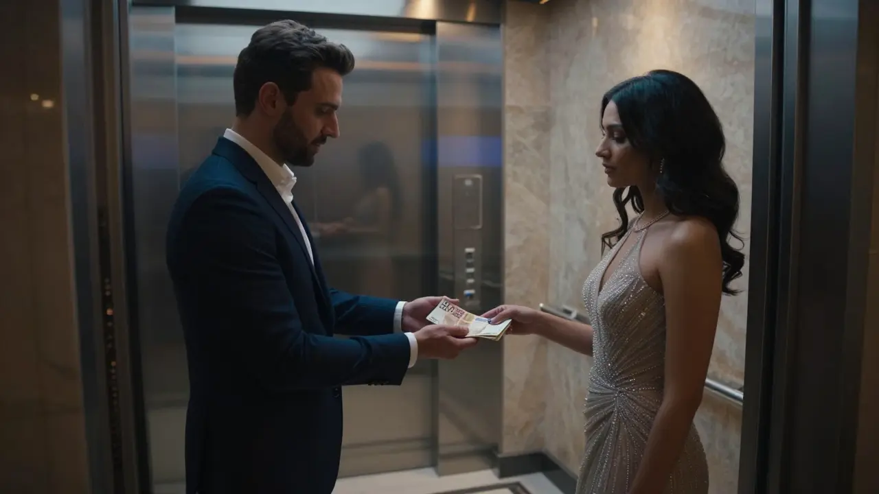 An elevator scene in a luxury Dubai hotel where a tip is quietly handed over in discretion.
