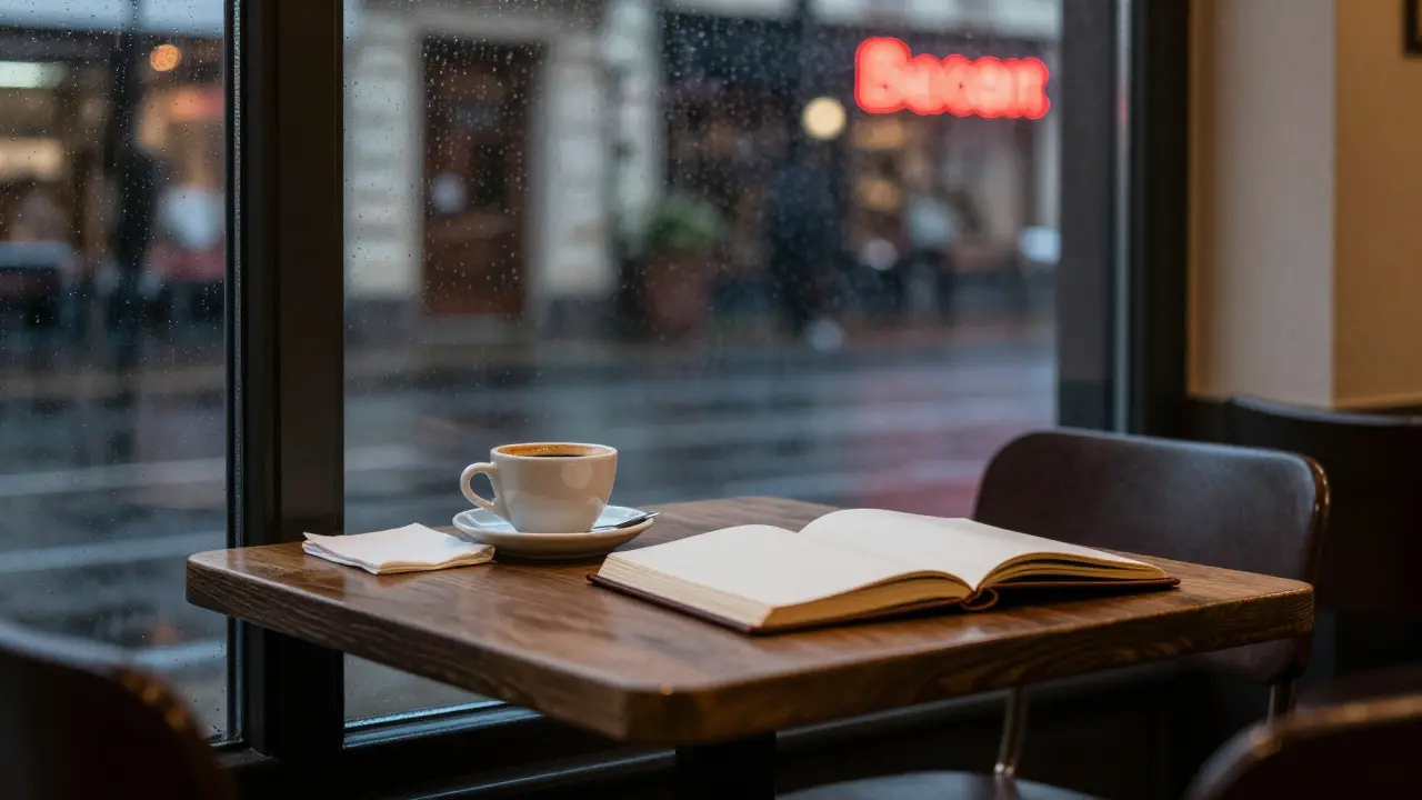 An empty café table in Berlin at night, with a coffee cup and open journal, capturing the stillness after a meaningful goodbye.