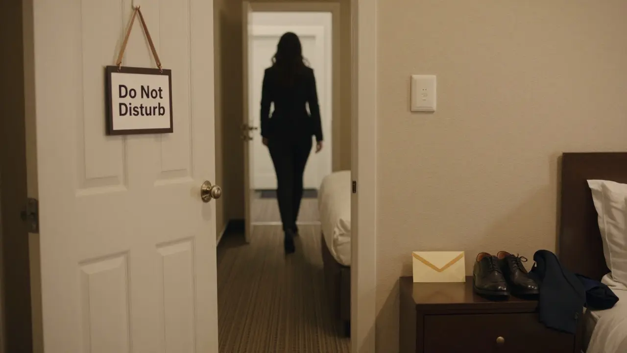 An empty hotel room door with a note on the nightstand and a woman walking away down the hall.