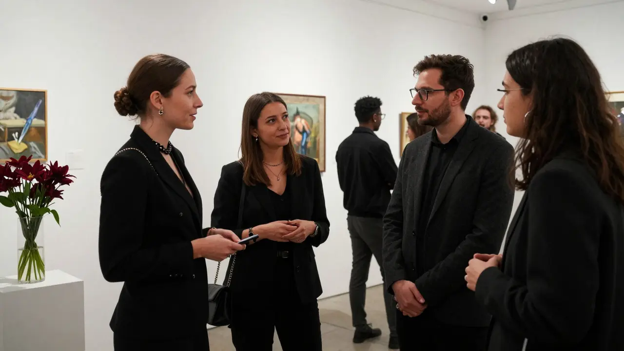 An escort engages in thoughtful conversation with diverse guests at a Berlin gallery opening, embodying connection without stereotypes.