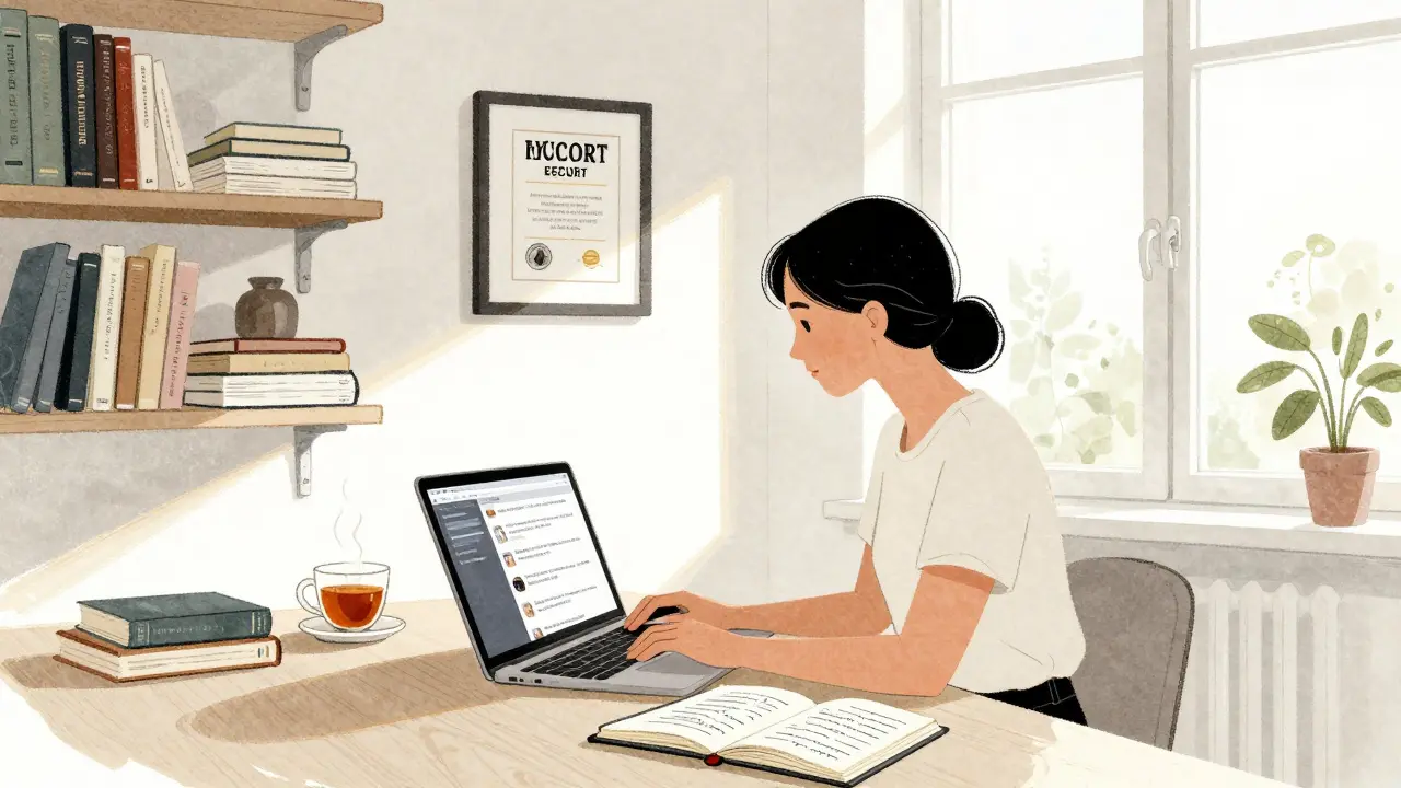 An independent escort works in her sunlit Berlin apartment, surrounded by books and a health certificate, radiating dignity and calm.