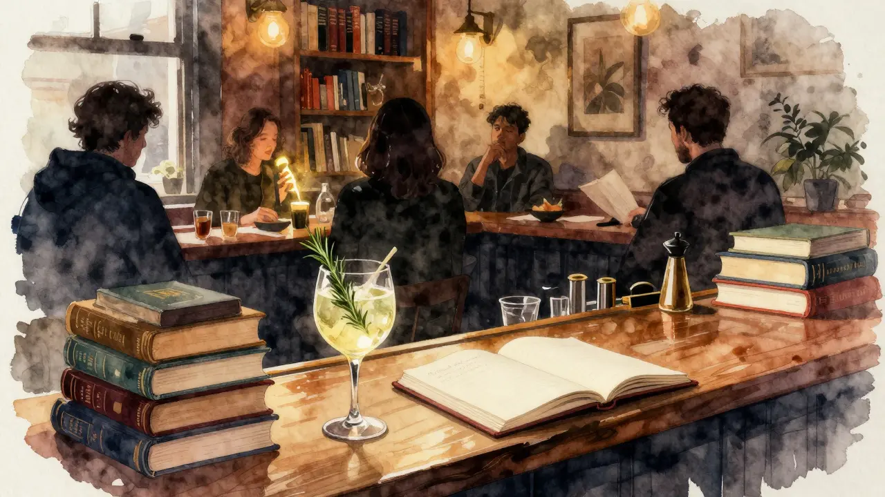 Bookish bar with stacked shelves, a bookmarked cocktail, and silent patrons in soft evening light.