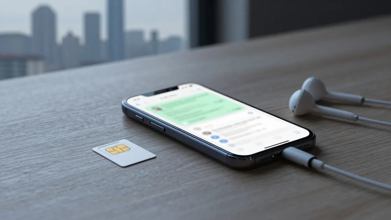 Burner phone and Italian SIM card on a table with blurred encrypted messages.