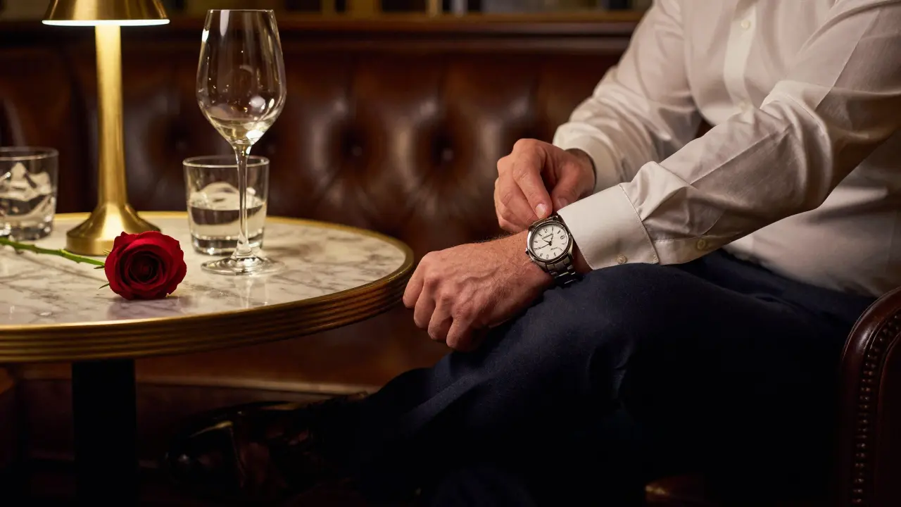 Close-up of a man’s wrist with a minimalist watch and crisp shirt cuff at a historic Milanese bar.