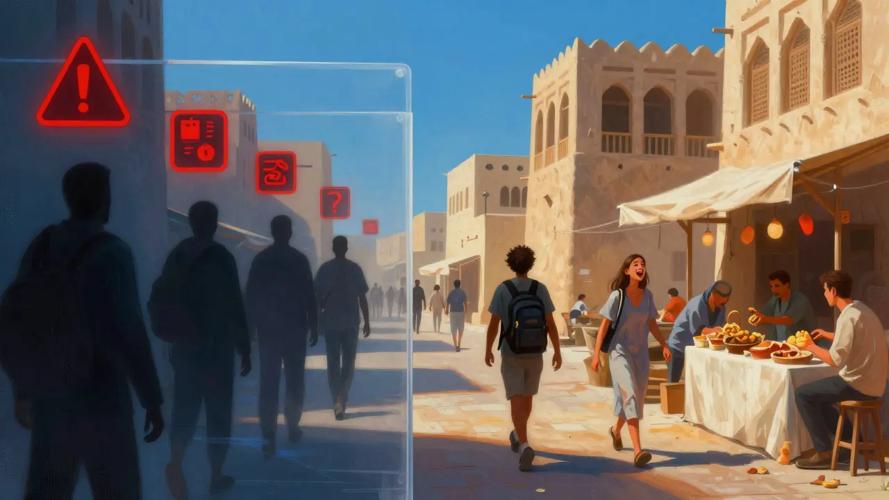 Contrasting imagery: dangerous escort scams vs. safe cultural experiences in Dubai.