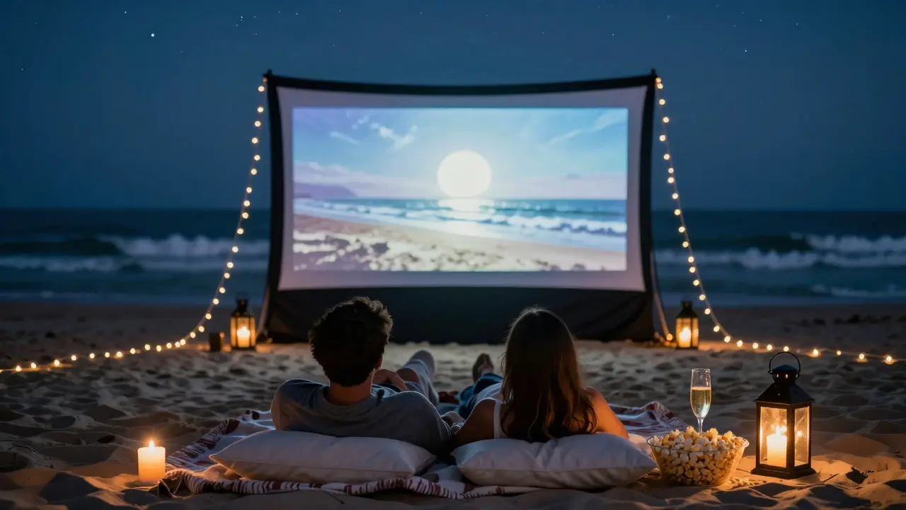 Couple watching a movie on a private beach cinema under the stars with ocean waves nearby.