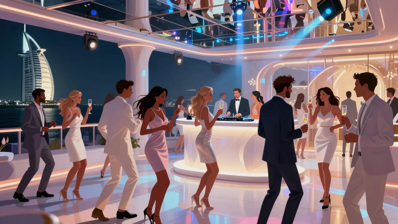 Crowd dancing at White Dubai nightclub under colorful lights with Palm Jumeirah in the distance.