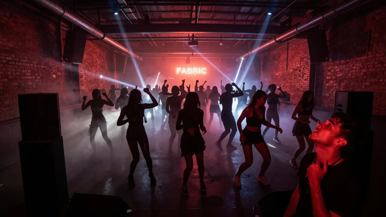 Crowd dancing under pulsing lights at Fabric nightclub, bass visibly vibrating the air.