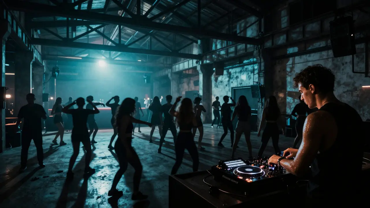 Dancers moving in a raw industrial warehouse under pulsing electronic lights at night.