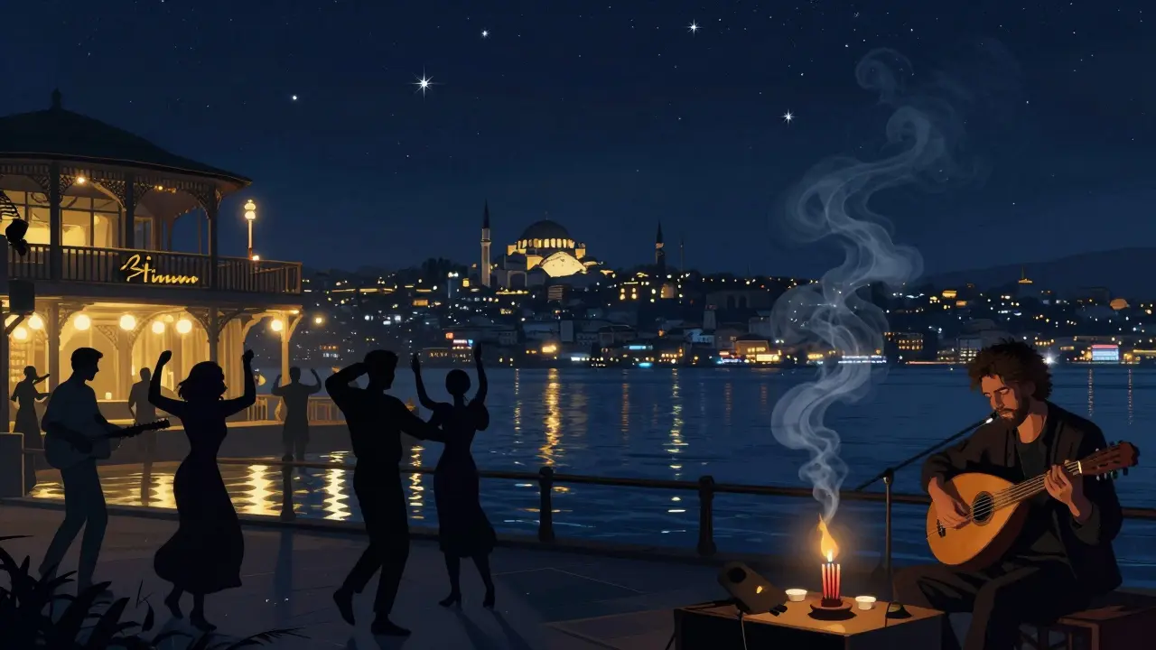 Dancers under the stars at Reina nightclub with an oud player blending traditional and electronic music.