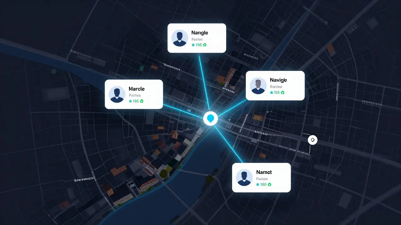 Digital app interface overlaying Milan's Navigli canal, abstract profiles connected by encryption lines.